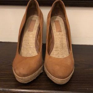 Tan suede wedge with braided wedge. Size 8